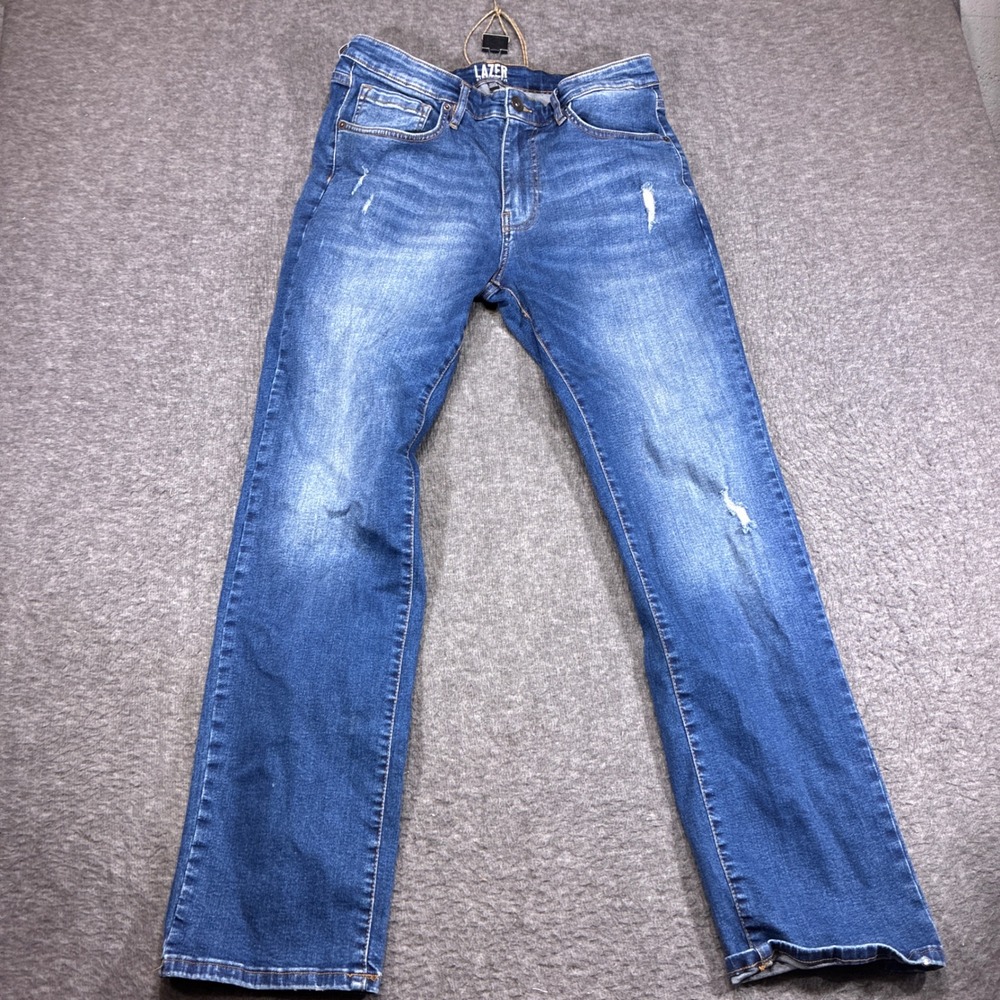 Lazer Straight Fit Jeans Mens 32x32 Blue Distressed Denim Western Bootcut